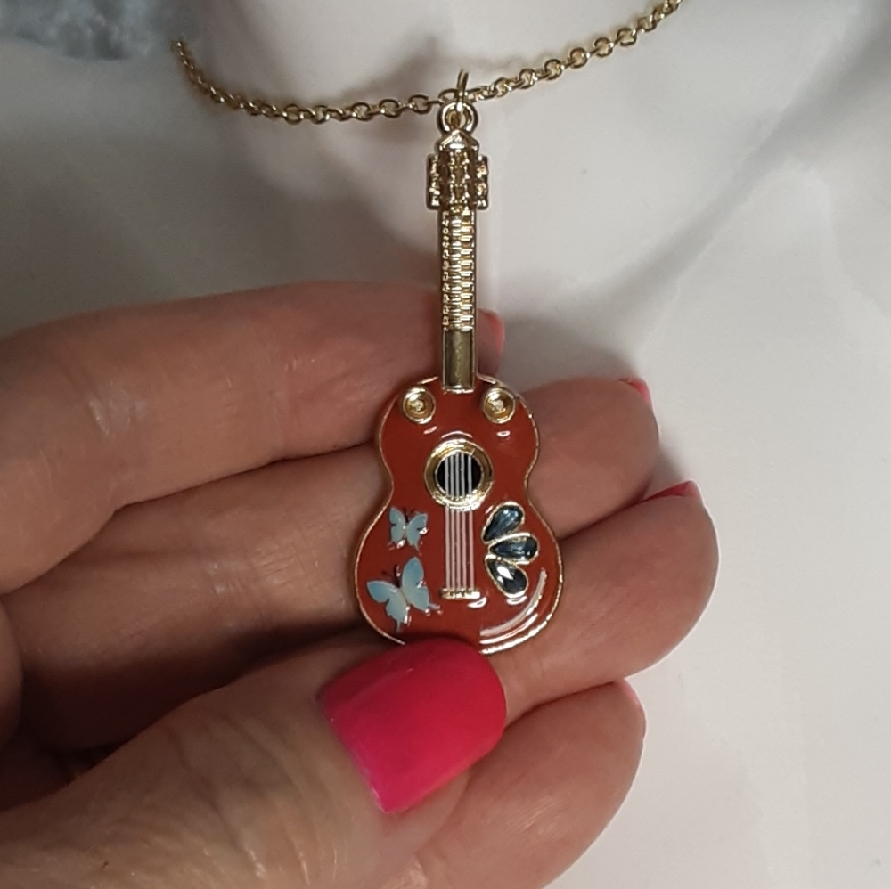 Handmade Guitar Necklace With Blue Rhinestones And Butterflies 20" Long Chain - Picture 3 of 5